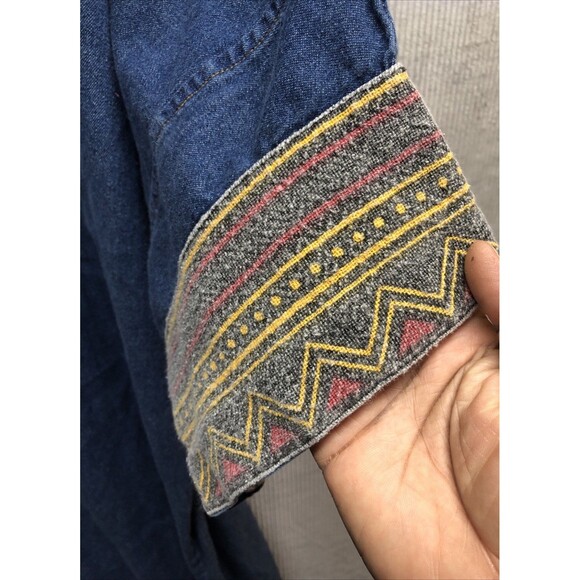 Denim Dress Nefertiti Embellished Ethnic Trim 1/2 Sleeve Midi Length V Neck - Picture 5 of 15